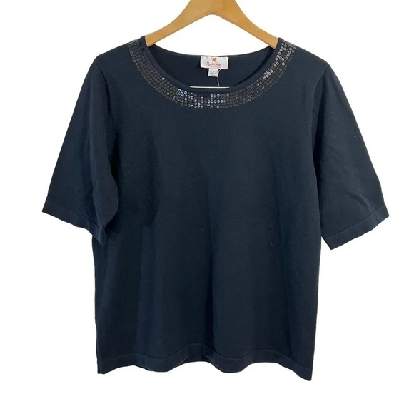 Quacker Factory Black Sequins Knit Top Large Short Sleeves Embellished Pullover - Picture 1 of 5